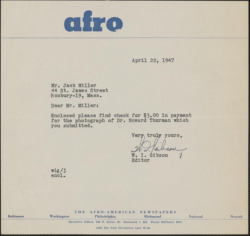 Letter from W. I. Gibson, Baltimore, to Jack Miller, Roxbury, 1947 April 22