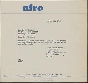 Letter from W. I. Gibson, Baltimore, to Jack Miller, Roxbury, 1947 April 22