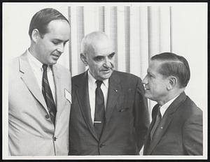 Gov. Volpe, right, discusses political strategy with William Abbott, left, candidate for Congress from the Seventh District, and Norfolk County Sheriff Charles Hedges during GOP rally yesterday at Sidney Hill Country Club.