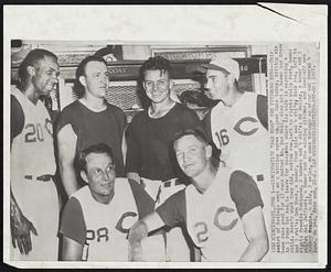 Cincinnati – Cincinnati’s “Bad News” For Pitcher Boys – This sextet of Redlegs went on a hitting spree against Cubs today, hitting six home runs good for 17 runs batted in. Gus Bell, also hit a homer and drove in 3 runs but had to leave for hospital where his wife is expecting a child. Here’s what they did, bottom row, left to right: Wally Post, homer and 3 rbi’s; Don Hoak, a homer, four hits and 4 rbi’s; Back row, left to right: Frankie Robinson, 2 homers and 4 rbi’s; Ed Bailey, a homer and 3 rbi’s; Hal Jeffcoat, a homer and the winning pitcher, and lead off man Johnny Temple, 4 hits, 2 walks, on once through an error and scored 4 runs. Oh yes, Reds won, 22-2.