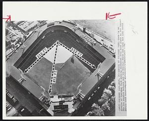 Aerial of Comiskey Park--Here is an airview of Comiskey Park showing distances from home plate to the fences. The Los Angeles Dodgers and the Chicago White Sox open the 1959 World Series here tomorrow.