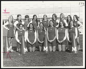 Cheers for Milton (photo at right) are led this season by: front, from left, Carol Angeloni, Barbara Erlandson, co-capt. Linda Thompson, co-capt. Ellen Winn, Karen Ahearn, and Maureen Blake. Rear, from left, Susi Stevens, Paula Sullivan, Renee Tagliamonte, Debbie DiBona, Tricia Rogan, Wendy Haskell and Debbi Lapworth.