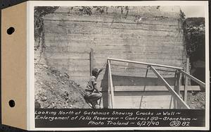 Contract No. 99, Enlargement of Fells High Level Distribution Reservoir, Stoneham, Malden, Melrose, looking north at gatehouse showing cracks in wall, enlargement of Fells Reservoir, Stoneham, Mass., Jun. 27, 1940