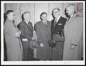 PGA Scores Ace-Smiles prevail on faces of National PGA representatives after winning suit against Parkway Country Club. Left to right, Attorney Donald, Executive Secretary Tom Crane, President Harold Sargent, former Treasurer Wally Munn, former President Harry Moffitt.