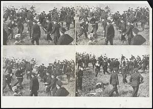 Movies of Strike Riot Shown as Evidence. This strip of action pictures was part of the Paramount newsreel film which was shown as evidence before the senate civil liberties committee in connection with investigation of the South Chicago steel strike riot of May 30. This sequence shows action which ensued when a parader went down and was beaten on the ground. Note gun in hand of policeman at left. Until today the film had been withheld from public exhibition.