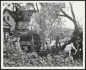 Soldiers From D Company, 25th Signal Battalion (Construction), stationed at Fort Devens, clear debris caused by Hurricane Carol in the Lynn area. Brig.-Gen. Einar B. Gjelsteen, commandant of New England's largest Army post, dispatched the troops after urgent requests for aid were received from city officials.