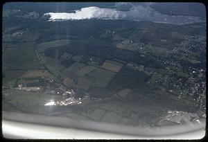 Aerial view of farm land and houses