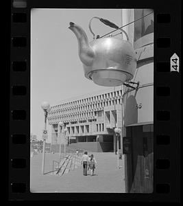 Copper Kettle restaurant with Boston City Hall in background, downtown Boston