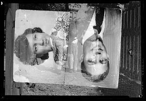 Three boys stand by a fence, a headshot of a woman, a headshot of a man