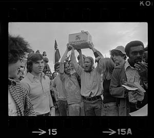 Harvard raft race winners with beer prize, Cambridge