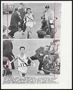Marathon Hazard - An unidentified spectator runs to join Morio Shigematsu of Japan seconds before he won Boston A.A. Marathon in record time today. In top photo a race official intercepts spectator and in lower photo he falls against motorcycle policeman after being shoved from course.