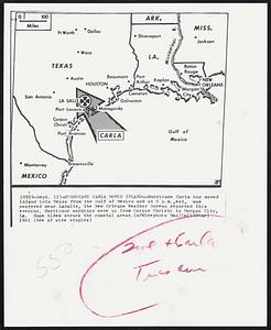 Hurricane Carla Moves Inland--Hurricane Carla has moves inland into Texas from the Gulf of Mexico and at 6 p.m., est, was centered near LaSalle, the New Orleans Weather Bureau reported this evening. Hurricane warnings were up from Corpus Christi to Morgan City, La. Huge tides struck the coastal areas.