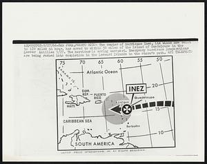San Juan, Puerto Rico: The center of Hurricane Inez, its winds now built to 120 miles an hour, has moved to within 50 miles of the island of Guadeloupe in the Lesser Antilles 9/27. The hurricane is moving westward. Emergency hurricane preparations are being rushed into completion in the Leeward Islands in the storm's path.
