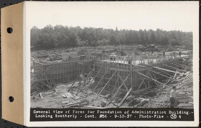Contract No. 56, Administration Buildings, Main Dam, Belchertown, general view of forms for foundation of administration building, looking southerly, Belchertown, Mass., Sep. 10, 1937