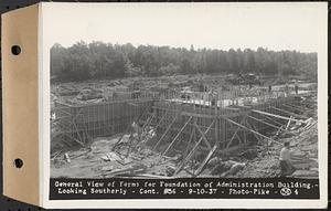 Contract No. 56, Administration Buildings, Main Dam, Belchertown, general view of forms for foundation of administration building, looking southerly, Belchertown, Mass., Sep. 10, 1937