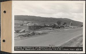 Contract No. 62, Clearing Lower Middle and East Branches, Quabbin Reservoir, Ware, New Salem, Petersham and Hardwick, looking southerly at remains of Enfield Town Hall, Enfield, Mass., Apr. 3, 1939