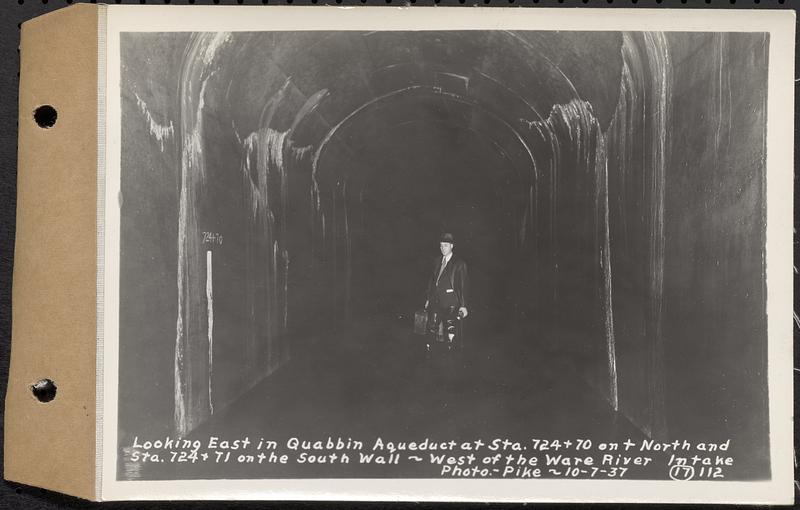 Contract No. 17, West Portion, Wachusett-Coldbrook Tunnel, Rutland, Oakham, Barre, looking east in Quabbin Aqueduct at Sta. 724+70 on the north and Sta. 724+71 on the south wall, west of the Ware River Intake, Barre, Mass., Oct. 7, 1937