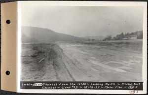 Contract No. 49, Excavating Diversion Channels, Site of Quabbin Reservoir, Dana, Hardwick, Greenwich, looking down channel from Sta. 16+00, looking north, middle-east channel, Hardwick, Mass., Dec. 19, 1935