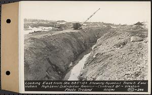 Contract No. 80, High Level Distribution Reservoir, Weston, looking east from Sta. 885+10+/- showing aqueduct trench excavation, high level distribution reservoir, Weston, Mass., Mar. 13, 1940