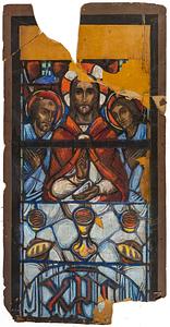 Gouache of an unidentified section of a window, Jesus in center being flanked by two unidentified people