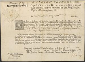 Commission as Commander of the military forces sent to the relief of such of the frontiers in the County of Hampshire as are annoy'd by the common enemy