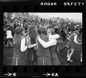 Cheerleaders at high school football game, Melrose, MA