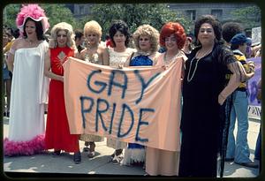 Female impersonators at gay pride rally, Copley Square, Boston