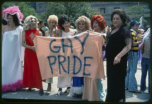 Female impersonators at gay pride rally, Copley Square, Boston