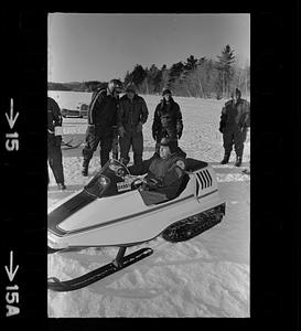 Snomobile at sled dog races at Franklin Pierce College, Rindge, NH