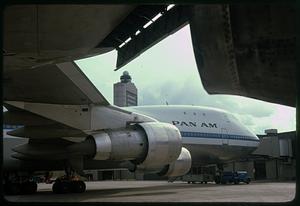 Pan Am jumbo jet at Logan Airport (note control tower)