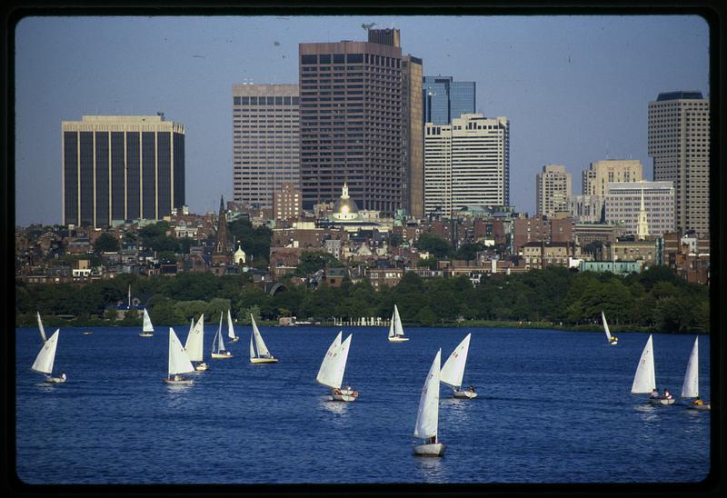 Sailboats in Charles River Basin, Beacon Hill in background
