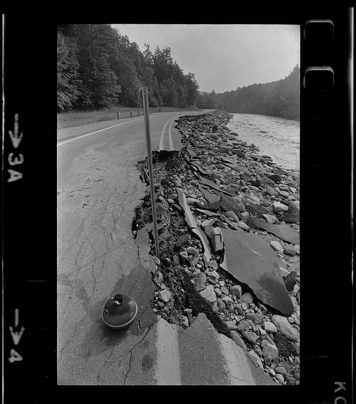 Road washed out by Black River flooding, Springfield, Vermont