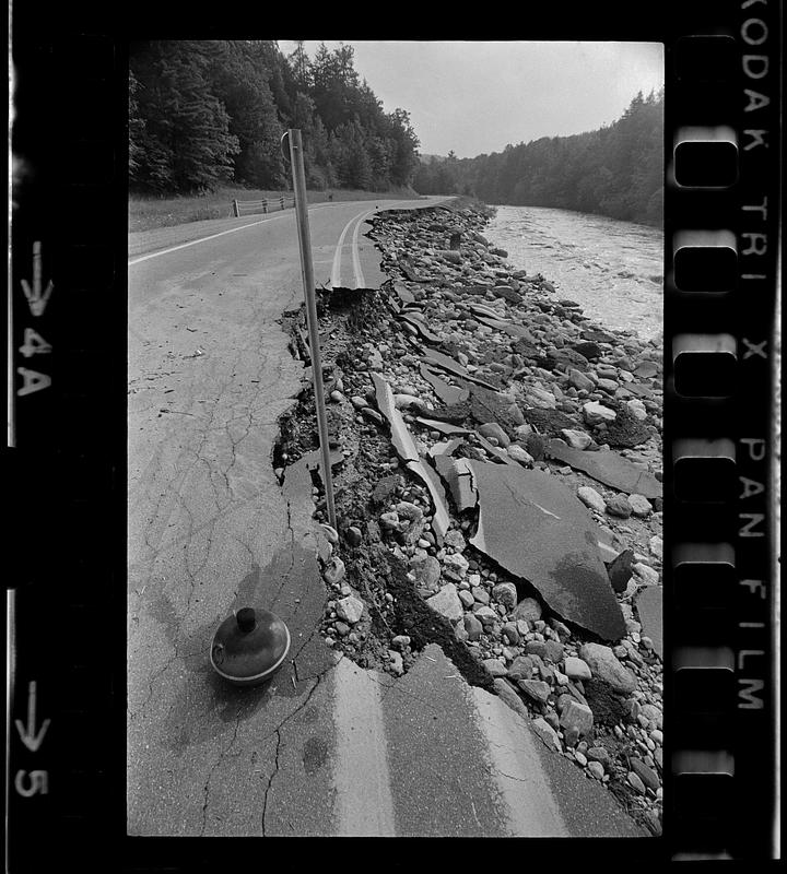 Road washed out by Black River flooding, Springfield, Vermont