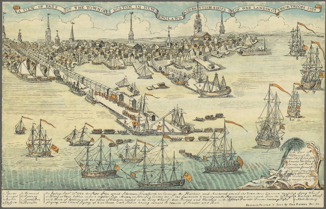 A view of the Town of Boston in New England and British ships of war landing their troops, 1768