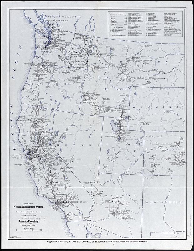 Revised map of western hydroelectric systems showing transmission lines, power plants and some major undeveloped power sites as of February 1, 1925