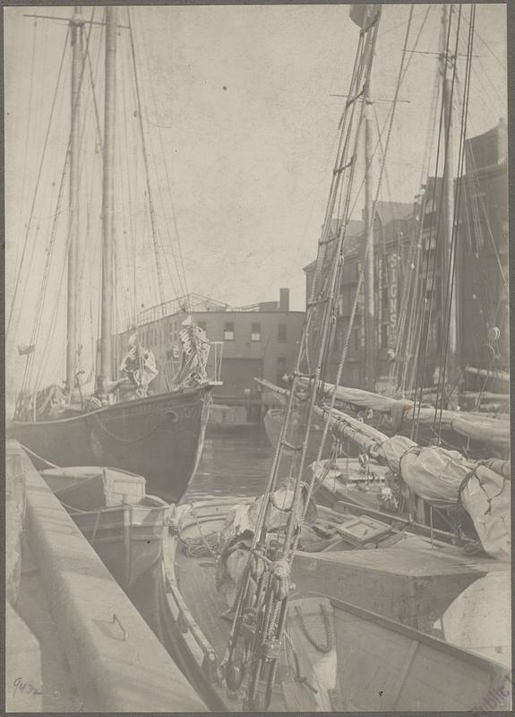 Boston, Massachusetts, T Wharf, fishing schooner "Matthew S. Greer," with swordfish "pulpit"