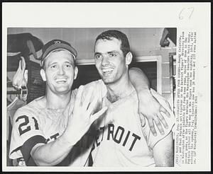 Colavito After Four Homers -- Rocky Colavito, right, and Paul Foytack get together in the Detroit Tigers' dressing room in Washington after Colavito hit four home runs, three of them in the second game, as the Tigers defeated the Washington Senators twice today. Foytack pitched all the way as the Tigers took the nightcap, 10-1 after winning the opener, 7-4. Colavito now has 38 homers and 119 runs batted in.