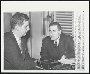 Washington – Strike Conference – Ron Brown, right, president of the ‘Flight Engineers’ International Association, and the union’s executive vice-president, Harry S. O’Brien, confer today at the union’s Washington headquarters. Brown had just returned from a conference with Secretary of Labor Arthur Goldberg, who is seeking to end a flight engineers wildcat strike which has snarled the nation’s major airlines.