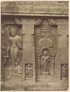 Sculpture on rock face to right of porch of Buddhist Chaitya Hall, Cave XIX, Ajanta