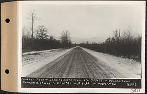 Contract No. 41, Extension of Belchertown-Pelham Highway, Belchertown, Pelham, finished road, looking north from Sta. 353+75, Belchertown and Pelham, Mass., Dec. 6, 1934