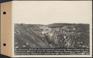 Contract No. 80, High Level Distribution Reservoir, Weston, by Sta. 894+00 on Contract 81, looking west showing excavation beyond end of pipe of pressure aqueduct, high level distribution reservoir, Weston, Mass., Dec. 5, 1939