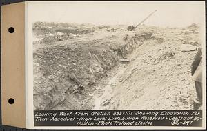 Contract No. 80, High Level Distribution Reservoir, Weston, looking west from Sta. 883+10+/- showing excavation for twin aqueduct, high level distribution reservoir, Weston, Mass., Mar. 20, 1940