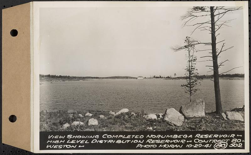 Contract No. 80, High Level Distribution Reservoir, Weston, view showing completed Norumbega Reservoir, high level distribution reservoir, Weston, Mass., Oct. 29, 1941