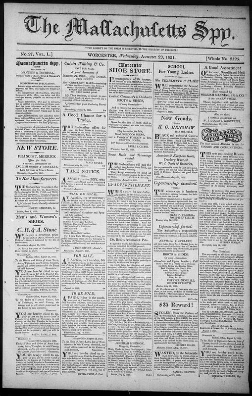 The Massachusetts Spy. August 29, 1821 - Digital Commonwealth