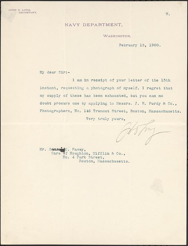 Letter from John D. Long, Washington, to Darwin C. Pavey, Boston, Mass., 1900 February 15