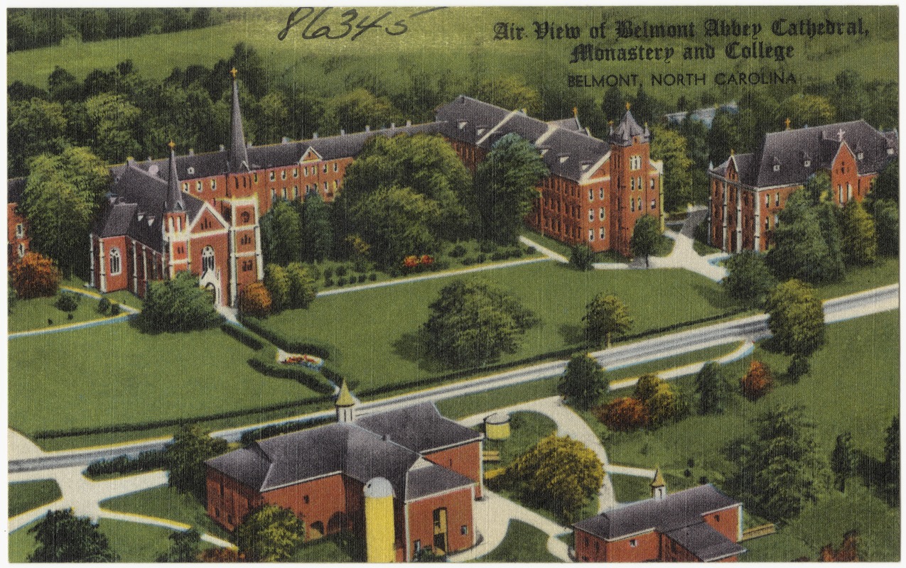 Air view of Belmont Abbey Cathedral, Monastery and College, Belmont, North Carolina