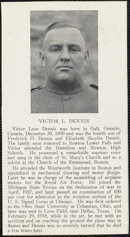 Victor L. Dennis, aviator, from Newton War Memorial/compiled by Newton Graphic, 1930