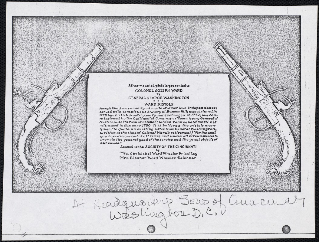 Print describing the loan agreement of two historical pistols owned by Colonel Joseph Ward