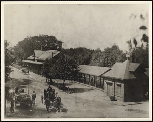 Train station, Newtonville. Horses, carriages, wagon. Newton, MA