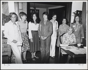 Women's group: Anita Greenbaum, Louise Bruyn, Joan Minkoff, Dr. Helen Caldecott, Kathy Knight, Mae Takunagaki, Pat Simon, Harriet Yarrow. Newton, MA